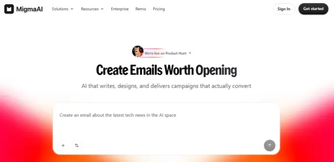 Migma AI homepage showing its AI-powered email marketing platform for creating, designing, and sending email campaigns.