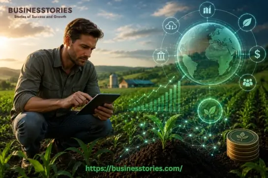 Farmer analyzing crop data with digital farming technology, blockchain networks, and carbon asset visualization during the Agri-FinTech Revolution.