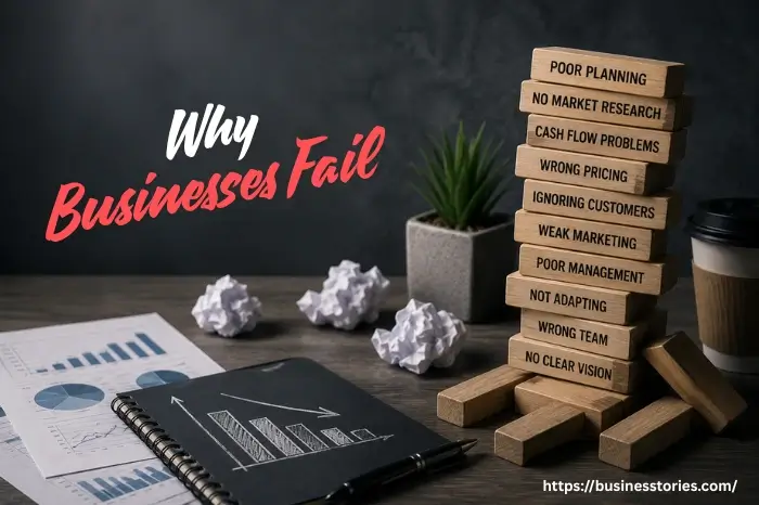 Business reports, financial charts, and a collapsing Jenga tower representing why businesses fail and the common mistakes entrepreneurs make.