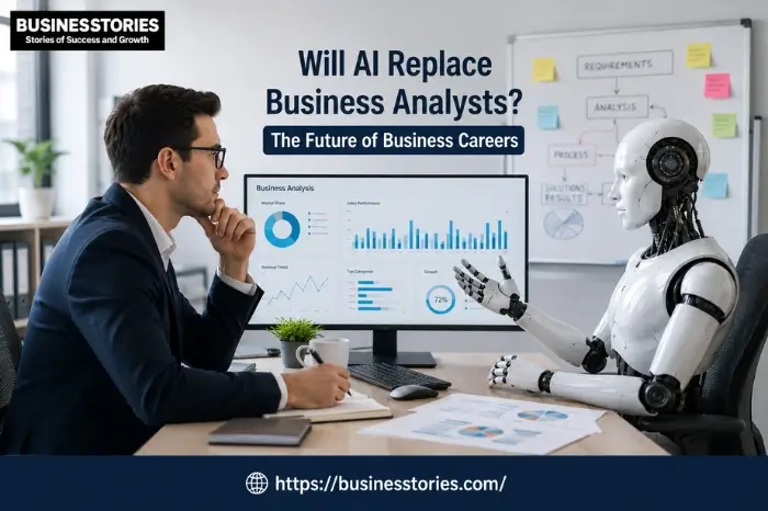 Business analyst and AI robot reviewing business analytics, reports, and performance data in a modern office.