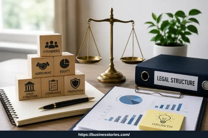 Startup founders reviewing equity agreements and legal structure with business documents and a balance scale
