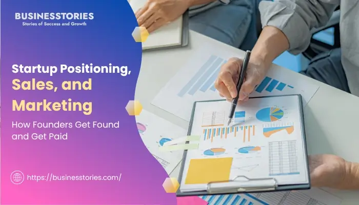 Startup positioning, sales, and marketing strategy with business charts and market analysis.