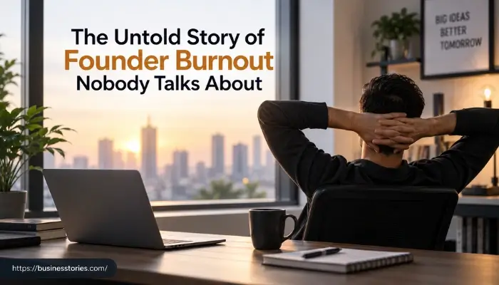 Founder burnout in a modern workspace with a laptop and city skyline