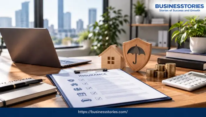 Startup business insurance costs with insurance documents, money, and business protection symbols