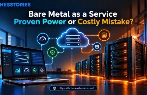 Bare Metal as a Service infrastructure with cloud servers, a laptop dashboard, and dedicated server racks.