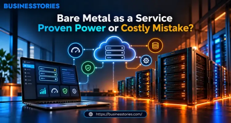 Bare Metal as a Service infrastructure with cloud servers, a laptop dashboard, and dedicated server racks.