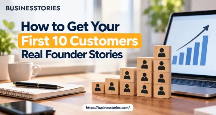 How to Get Your First 10 Customers with startup growth icons and a rising arrow