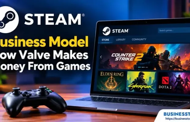 Steam business model showing the Steam gaming platform on a laptop with popular video games.