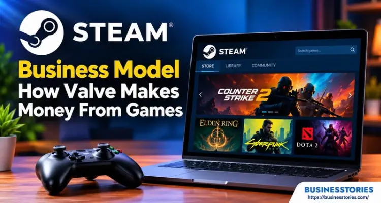 Steam business model showing the Steam gaming platform on a laptop with popular video games.